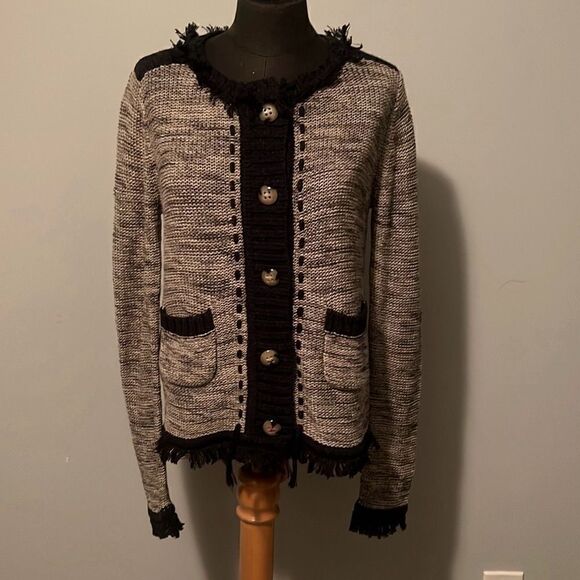Label + Thread Women's Gray Button Front Knit Fringe Cardigan Sweater - Picture 1 of 8